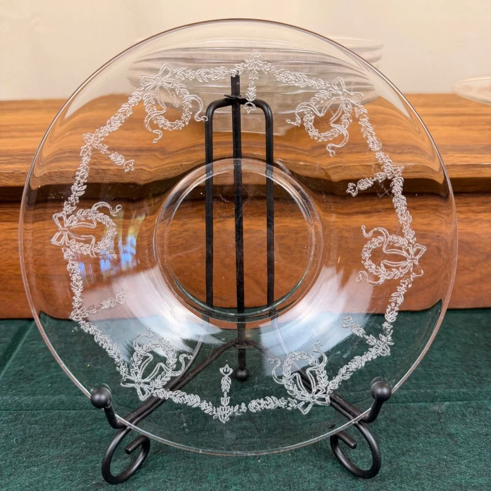 Fostoria Garland Etched Glass Teacup and 8 Saucers Set Clear Vintage Holiday